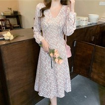 브이넥 플라워 패턴 여성 주름 롱 쉬폰 원피스