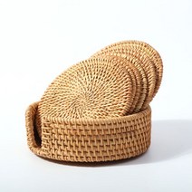 도해 라탄 티코스터 원형 10cm 6P 홀더 세트 컵받침 화병 캔들 DOHAE, 컵받침+홀더세트