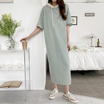 네쥬 여성 여름 루즈핏 단가라 후드 반팔 롱 원피스