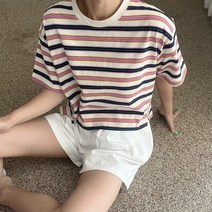 에이치스 쥔장소장추천 청량감가득 세미크롭 루즈핏 스트라이프 단가라 트임 반팔티