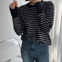뜨개진 여성용 로인 소매 버튼 스트라이프 라운드 트임 니트