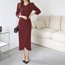 셀러허브 패션 여자 오피스룩 긴팔티 들러리 Y넥 회사원 롱원피스