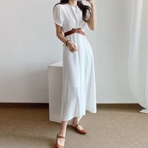요시아나 [당일발송] 엠버 퍼프소매 허리 X자 공단리본 끈 롱 원피스 -2컬러