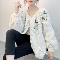 3D 플라워 방울 핸드메이드 손뜨개 꽃자수 가디건