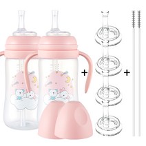 1+1 순수아 역류방지 빨대컵 2개+빨대꼭지 4개+빨대솔 2개 240ml 300ml, 1+1 빨대컵 240ml 빨대형/핑크, 2개입