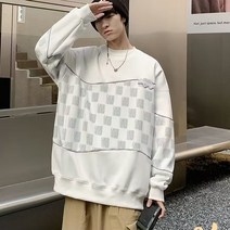 바둑판 라운드 넥 풀오버 탑 남성 봄과 가을 스티칭 하이 엔드 잘 생긴 느슨한 탑