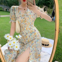 리더스타 반팔원피스 브이넥 퍼프소매 플라워 원피스 쉬폰 데일리 헵번 롱원피스
