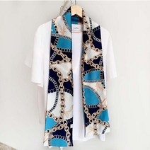 사슬 체인 맥시 트 윌리 롱 타이 스카프 양면 패턴 실크 여성 쁘띠 방도 2개 세트