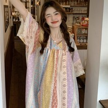 빅사이즈 루즈핏 여름 에스닉 보헤미안 패치워크 V넥 반팔 롱 원피스