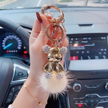 창의 만화 전기 도금 곰돌이 끈적끈적한 밍크 털 자동차 열쇠고리 귀엽다 다이아몬드 커플 액세서리 열쇠사슬 선물, 금색