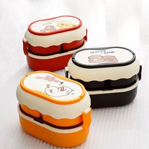 이층 도시락통 + 스푼 +젓가락 도시락 전자렌지 사용 타원형 대용량 1600ml 직장인도시락통 LMFH026, PP+304내부 스테인리스강 재료, 빨간색