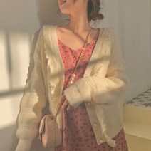 DFMEI.Knitted cardigan --수술 니트 스팽글 가디건 여 추동 루즈핏 브이넥 솔리드 스웨터 여코트