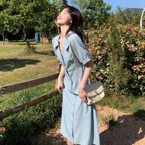 리얼핏 현물 굿 퀄리티 여유있는 여성복 솔리드 기질 원피스 홀가먼트 있음