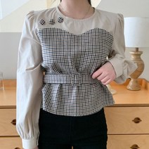 브이와이 VY 여자 격자 혁대 모직 벌룬 페미닌 블라우스