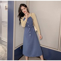 녕동 여름 원피스 여자 투톤 롱 원피스 A 라인 스트랩 드레스 QUY821 + 사은품
