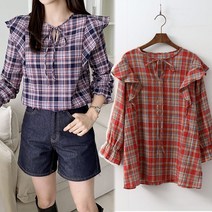 [여시몰5882국내제작]체크 리본 프릴 면 블라우스/봄 가을 여성 긴팔 날개 셔링 오피스 캐주얼 데일리 청바지 치마바지 스커트 코디