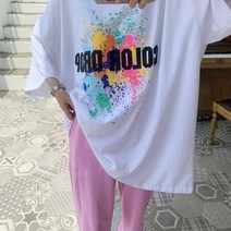 애플망고옷장 여성 빅사이즈 반팔 컬러드럽 롱박스 캐주얼 여름 오버핏 롱티셔츠