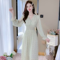 프렌치브이넥쉬폰꽃원피스여아춘추복2022신상a라인허리단가라롱스커트