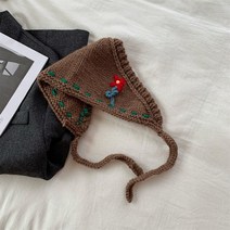 귀마개비니모자 한국 비니 모자 레트로 핸드메이드 레이스업 니트 귀마개 가을과 겨울 귀여운 따뜻한 귀 보호 양모 여성용