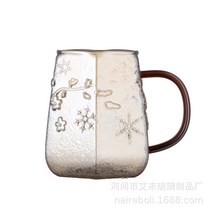 머그컵 일본식 눈꽃무늬 유리컵 벨트 손 고안치 찻잔 물컵 인스턴트 커피잔, 300ml, 샴페인