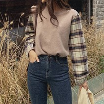 로로텐 체크 배색 라운드 티셔츠 긴팔 여성 빅사이즈