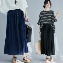 F97202/앞단추 기계주름 롱스커트 주름치마 밴딩 플레어스커트 롱치마 봄가을스커트 주름스커트 면마스커트