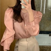 빅사이즈 블라우스 이쁜옷 여성 상의 큰옷 우아한 루즈한 퍼프 슬리브 쉬폰 셔츠 세련된 핑크 봄품