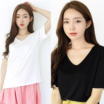 순이들 여성 찰랑 레이온 스판 무지 오버 브이넥 티셔츠 (2종)
