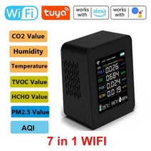 이산화탄소 경보기 측정기 Tuya 7 인 1 Wifi 공기질 측정기 PM2.5 CO2 TVOC HCHO AQI 온도 습도 테스터 T, 02 7 in 1 Wifi Black S