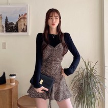 [국내제작/MD추천] 물결 뷔스티에 나시 슬립 호피 스트랩 쉬폰 셔링 레오파드 원피스 2color