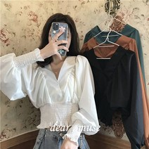 레이니 페미닌 퍼프 소매 스모킹 딥 브이넥 크롭 블라우스 (화이트 그린 브라운 블랙)