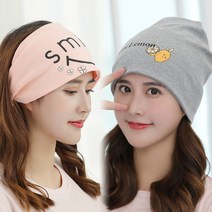 산후조리 모자 여성 임부 스타일리쉬 순면 코튼 두건 봄가을 바람막이 머리띠 산모 용품 가을겨울 보온 2687155592, 핑크 smile 두건 _그레이라임 베