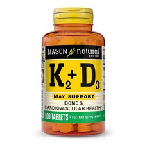 Mason Natural 비타민 K2 100mcg 플러스 비타민 D3 - 뼈 심혈관 및 근육 건강 지원 100정