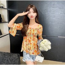 상의 여름 핑크 루즈핏 플레어 소매 상의 여성 살구 반팔 슬림핏 쉬폰 블라우스
