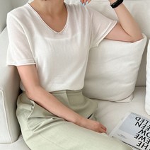 뜨개진 여성용 비스코스 말림 반팔 니트 브란나 브이넥