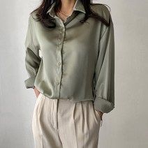 네모엔룩 여성용 싱글새틴 버튼 실켓 공단 셔츠 롱 슬리브 블라우스 NL