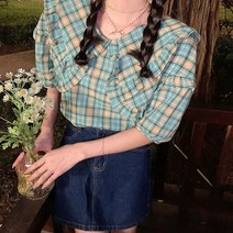 데이트룩 귀엽고 러블리 체크페턴 민트색 블라우스