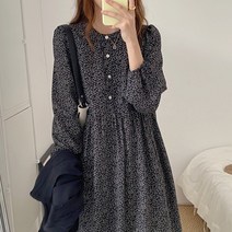 코카마니 여성 헨리넥 긴팔 꽃무늬 셔링 플레어 미디 원피스