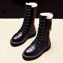 Pofulove 여성 부츠 겨울 블랙 가죽 고스 신발 레이스 업 앵클 서양 플랫폼 Chunky Boots Warm