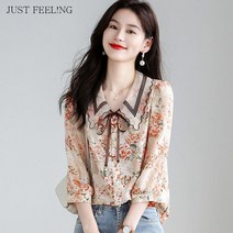 JUST FEEL!NG 가을 여성 플라워 쉬폰 셔츠 7부소매 데일리 화려한 블라우스 리본 더블 칼라 블라우스