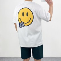 엠클로 남자 오버핏 코튼 해피패치 레터링 프린팅 반팔티셔츠 남여공용 2컬러