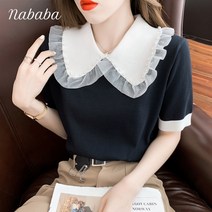 나바바 NK528 여성 러블리 레이스카라 반팔 니트티