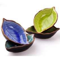 2개 나무 잎 또는 생선 소스 접시 미니 세라믹 접시 얼음 균열 유약 접시 10X8cm, 나뭇잎