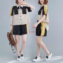 리앤킴 여성 여름 빅사이즈 셔츠 캐주얼 반바지 투피스 세트 L1103