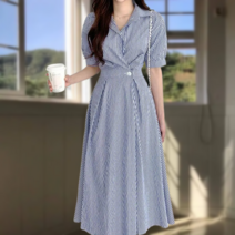 퍼프소매 셔링 롱 셔츠원피스 줄무늬