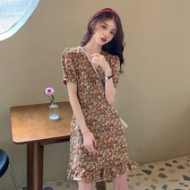 베이지원피스 컬러풀 꽃무늬 러블리퍼프 여대생 여름 미니원피스-72394EA