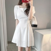 [발리걸] 데이트룩 린넨 스퀘어넥 플레어 반팔 미니 원피스