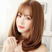 중단발 c컬 가발 여자 헤어스타일 자연스러운 보브 통가발 앞머리 사이드뱅 중간 여신 전체 가발, 오렌지브라운