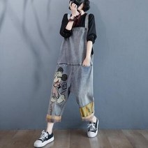 Makone 빈티지느낌 미키마우스 여자 데님 멜빵바지 패피 오버롤 점프수트 진 청 와이드 루즈핏 유니크한