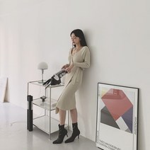 코지23여자 골지 사선 밴딩 브이넥 꾸안꾸 랩스타일 롱원피스